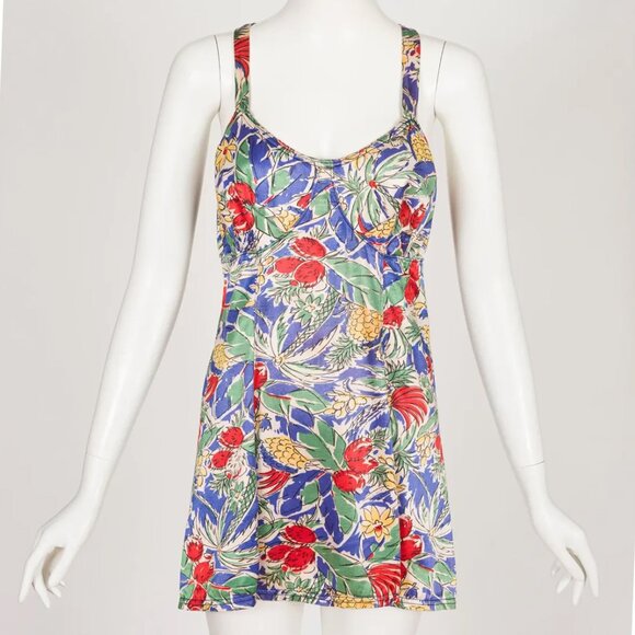 30s 40s Tropical Pineapple Print Satin Lastex Crossback Swim Dress Bathing Suit - Picture 1 of 7
